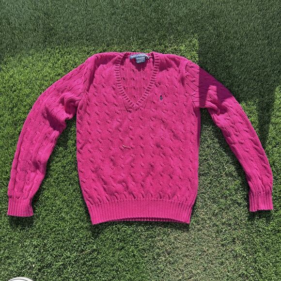 Ralph Lauren Sport Sweater‎ Womens Large Pink Cable Knit V Neck Pullover Cotton - Picture 1 of 9